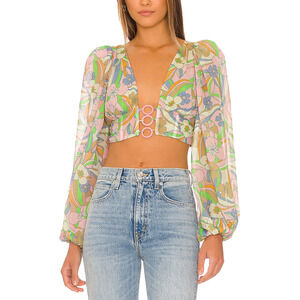 For Love & Lemons 'Guinevere' Green Polyester Crop Top Size L